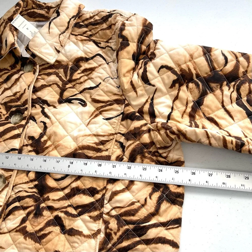 Chico's Jacket Women’s 4 US 20/22 Brown Tiger Prints Quilted Pockets Long Sleeve